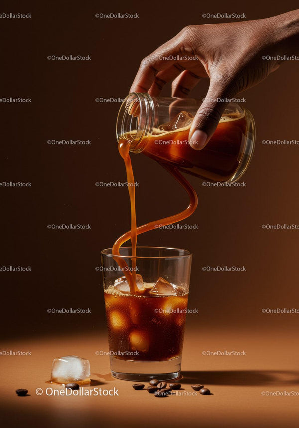 Hand pouring cold brew coffee over ice in glass