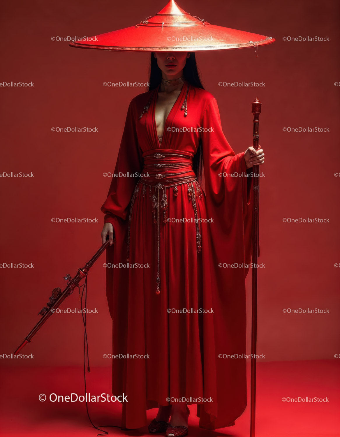 Elegant Woman in Red Dress with Accessories Against Red Background