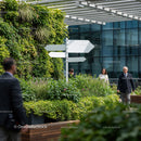 Outdoor urban garden with blank directional sign and people