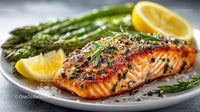 Grilled Salmon with Lemon and Asparagus on White Plate
