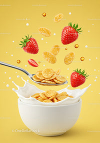 Cornflakes and fresh strawberries with milk splash