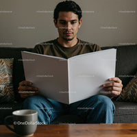 Young man reading large book while sitting on sofa
