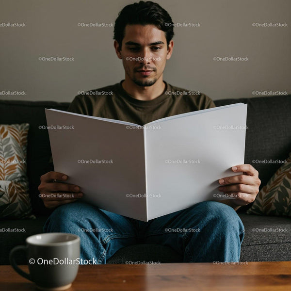 Young man reading large book while sitting on sofa JPG Mockup Image