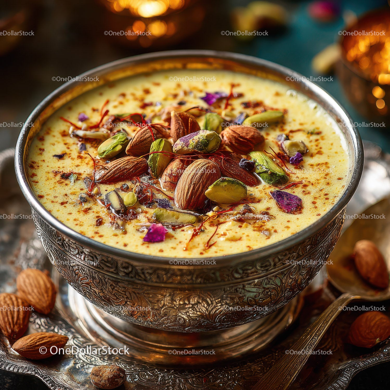 Luxurious Indian Semolina Dessert Topped with Nuts and Edible Flowers