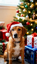 Brown dog wearing Santa hat near Christmas tree and gifts