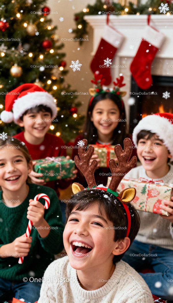 Joyful Kids Celebrating Christmas with Gifts and Candy Canes
