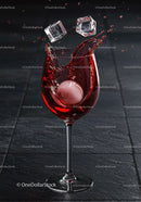 Red wine splash with ice cubes in crystal glass