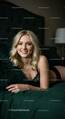 Smiling blonde woman relaxing on dark green bed