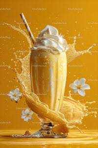 Yellow Milkshake with Splash and White Flowers in a Glass