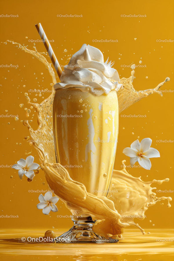 Żółty milkshake z rozbryzgami i białymi kwiatami w szklance