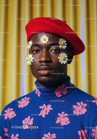 Man Wearing Red Beret Adorned with Daisies and Floral Sweater