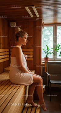 Relaxing Woman in Wooden Sauna Room for Wellness and Stress Relief