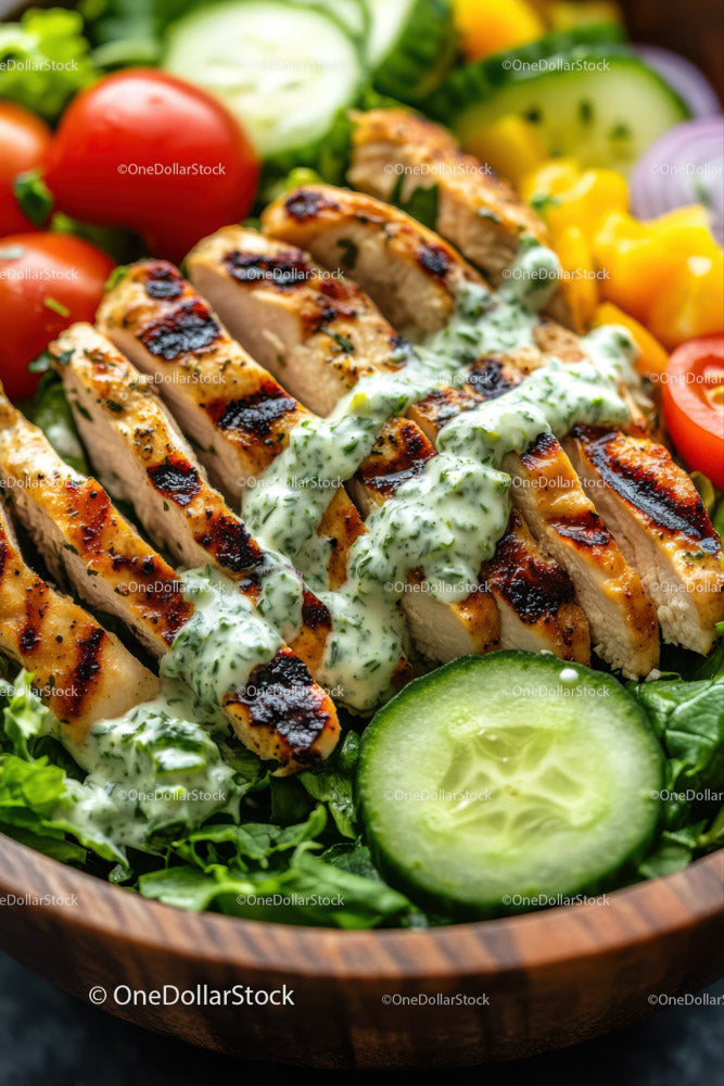 Grilled Chicken Salad with Creamy Herb Sauce and Fresh Vegetables