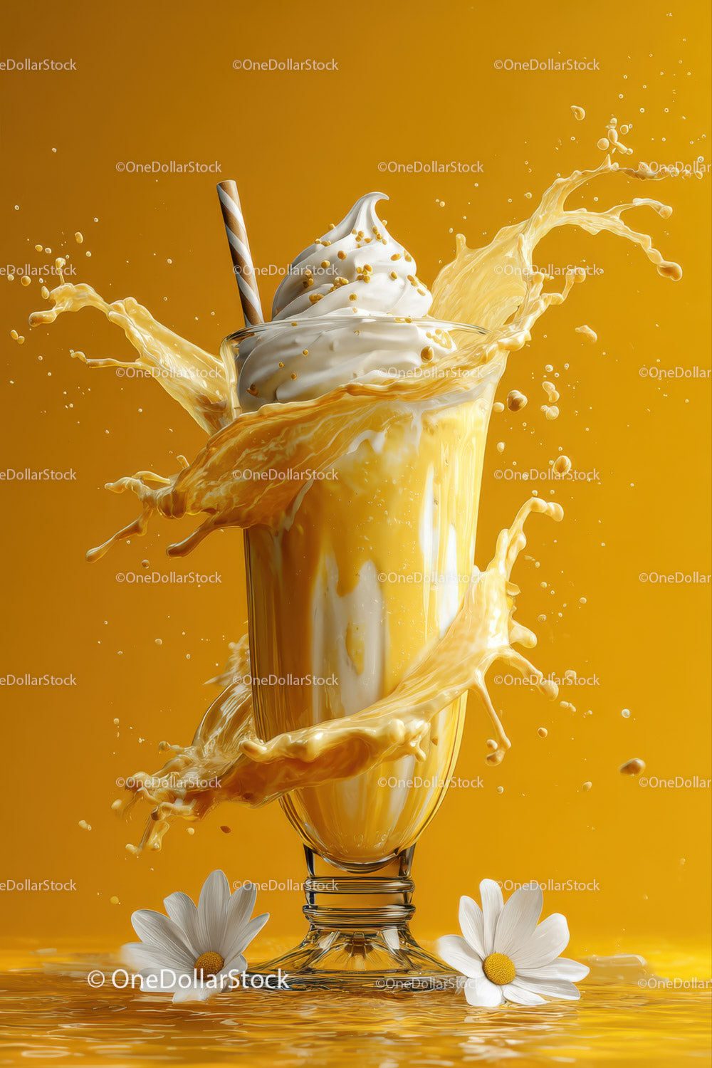 Creamy vanilla milkshake splash with whipped cream in a glass