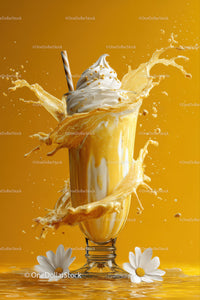 Creamy vanilla milkshake splash with whipped cream in a glass