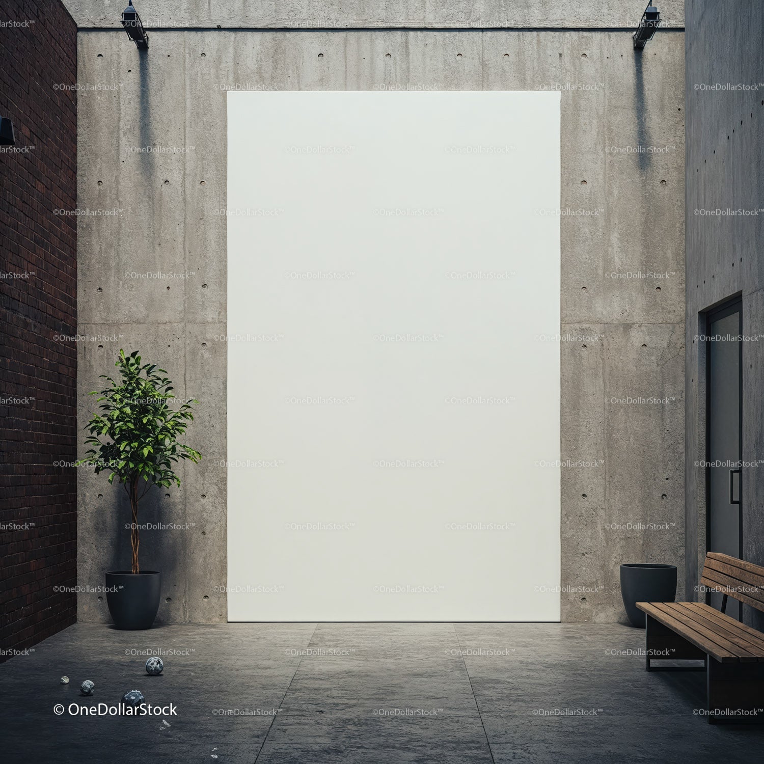 Minimalist urban courtyard with blank art canvas