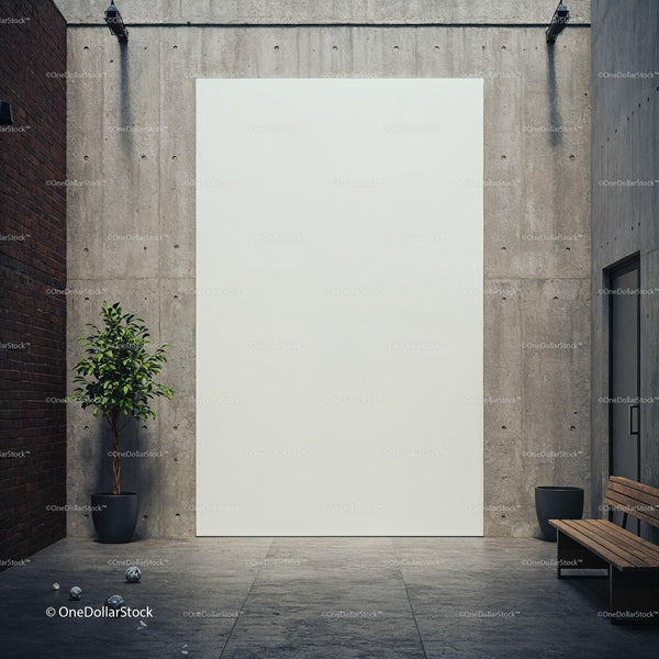 Minimalist urban courtyard with blank art canvas JPG Mockup Image