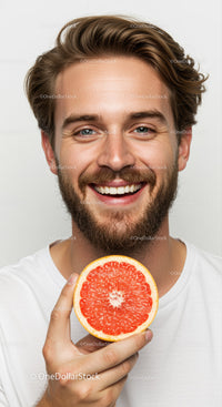 Smile of a Happy Bearded Man Holding a Juicy Grapefruit