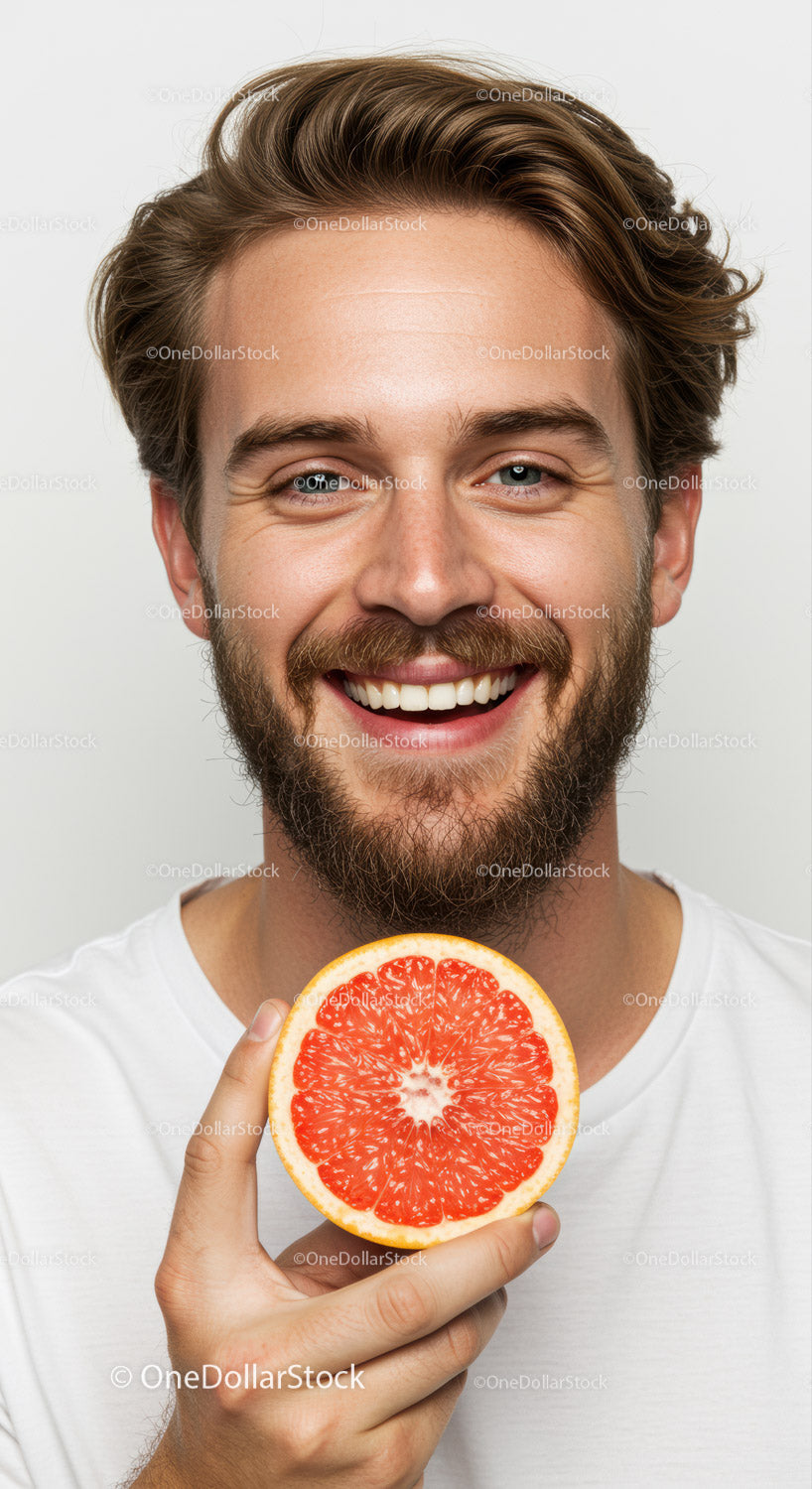 Smile of a Happy Bearded Man Holding a Juicy Grapefruit