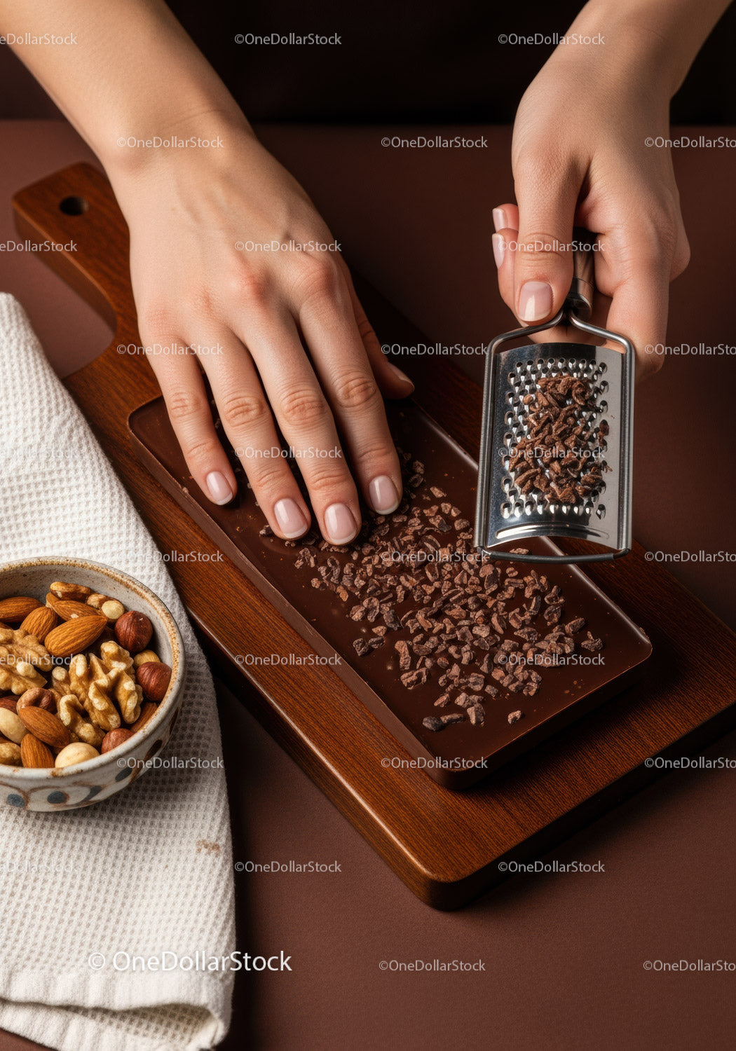 Hands Grating Chocolate Over a Wooden Cutting Board for Dessert Preparation