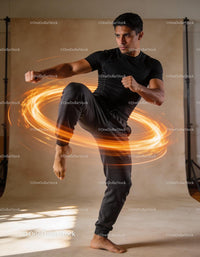 Focused man practicing martial arts high kick