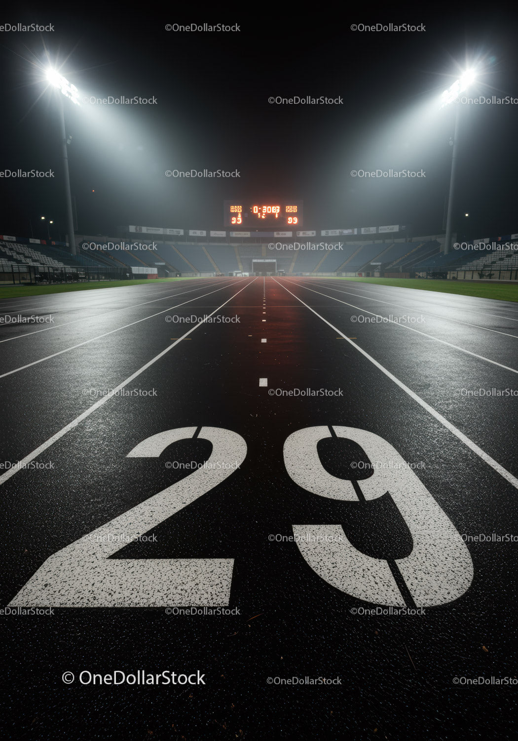 Empty running track lane 29 under stadium lights at night