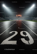Empty running track lane 29 under stadium lights at night