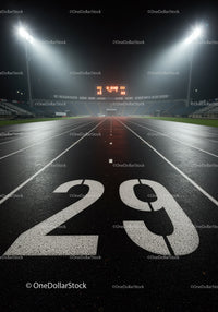 Empty running track lane 29 under stadium lights at night