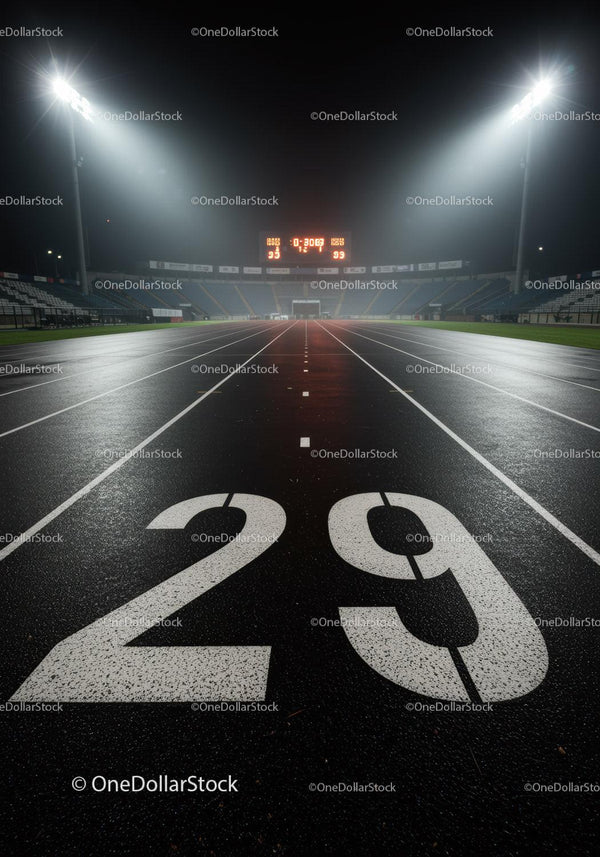 Empty running track lane 29 under stadium lights at night