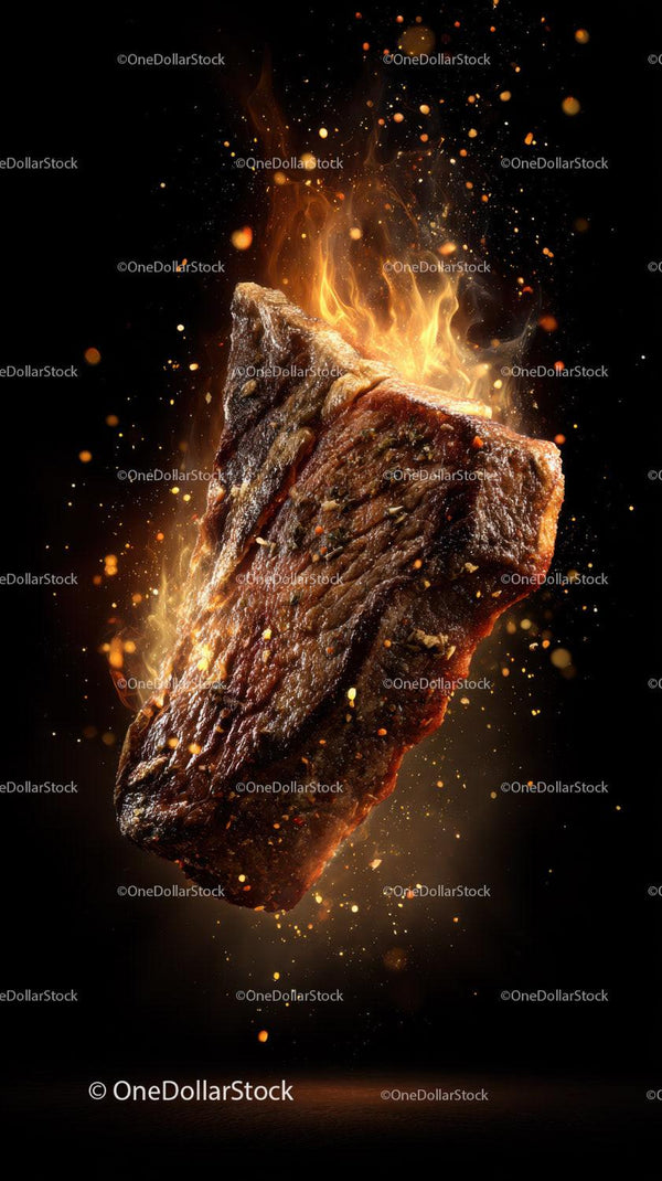 Juicy Steak on Fire with Flames and Sparks in a Dramatic Food Scene