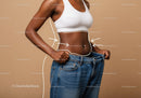 Slim Fit Woman Adjusting Jeans with Defined Waist and Activewear
