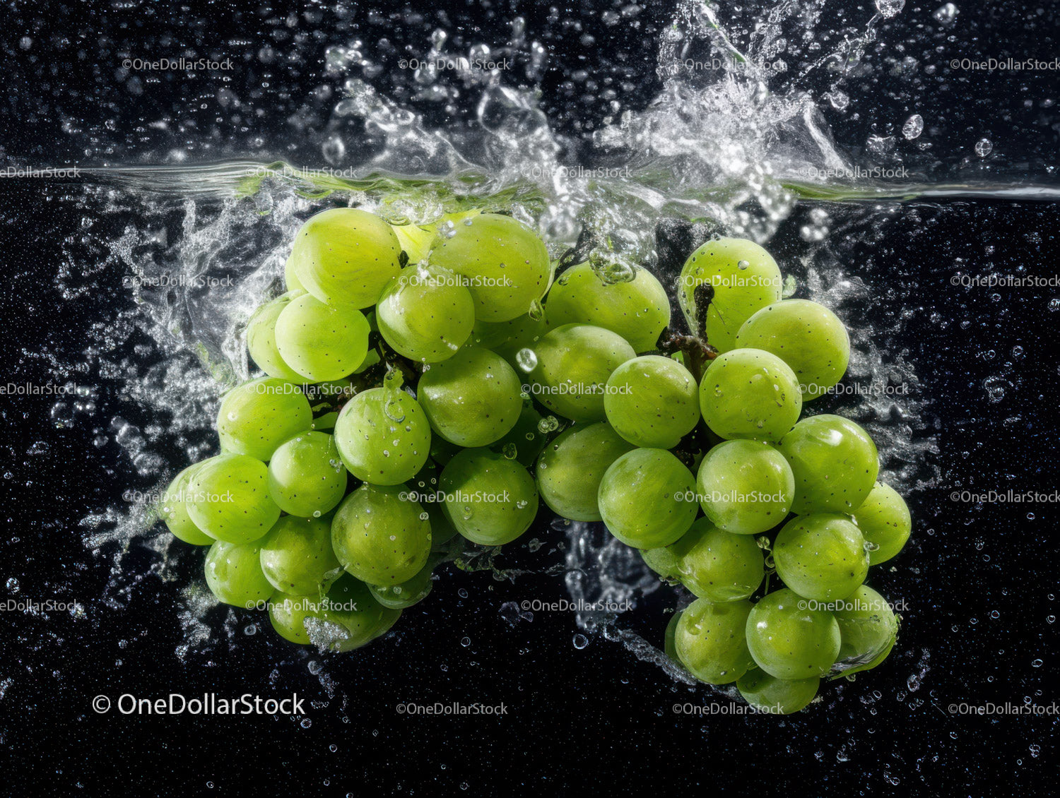 Fresh Green Grapes Splashing into Water with Bubbles