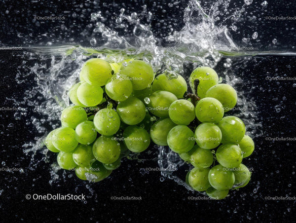 Fresh Green Grapes Splashing into Water with Bubbles