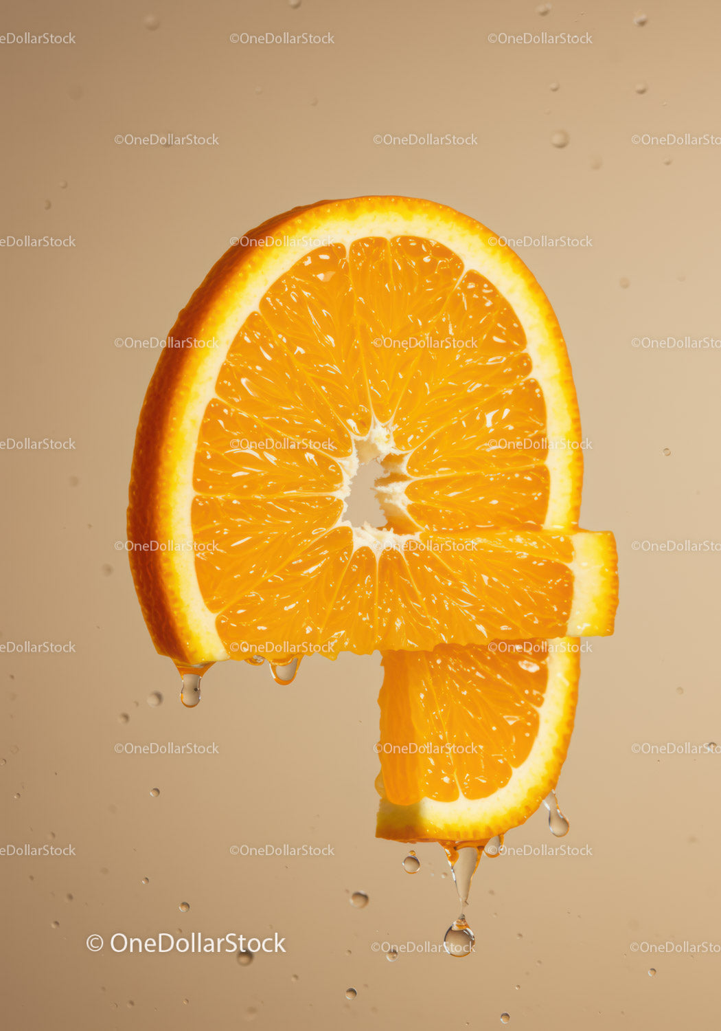 Fresh juicy orange slice dripping with water droplets