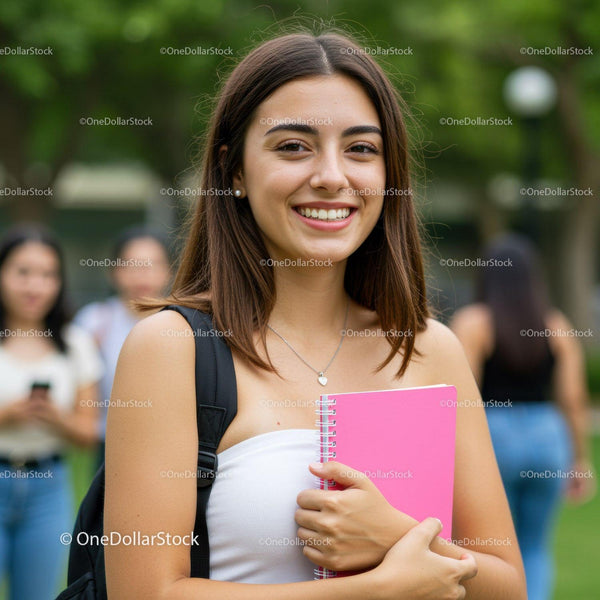 Young Woman with Backpack Holding Pink Notebook in Outdoor Park