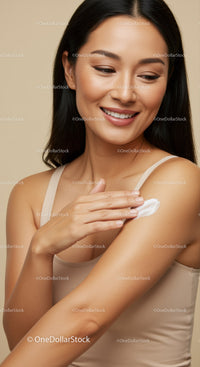 Young Woman Applying Moisturizer on Her Shoulder in Beautiful Studio