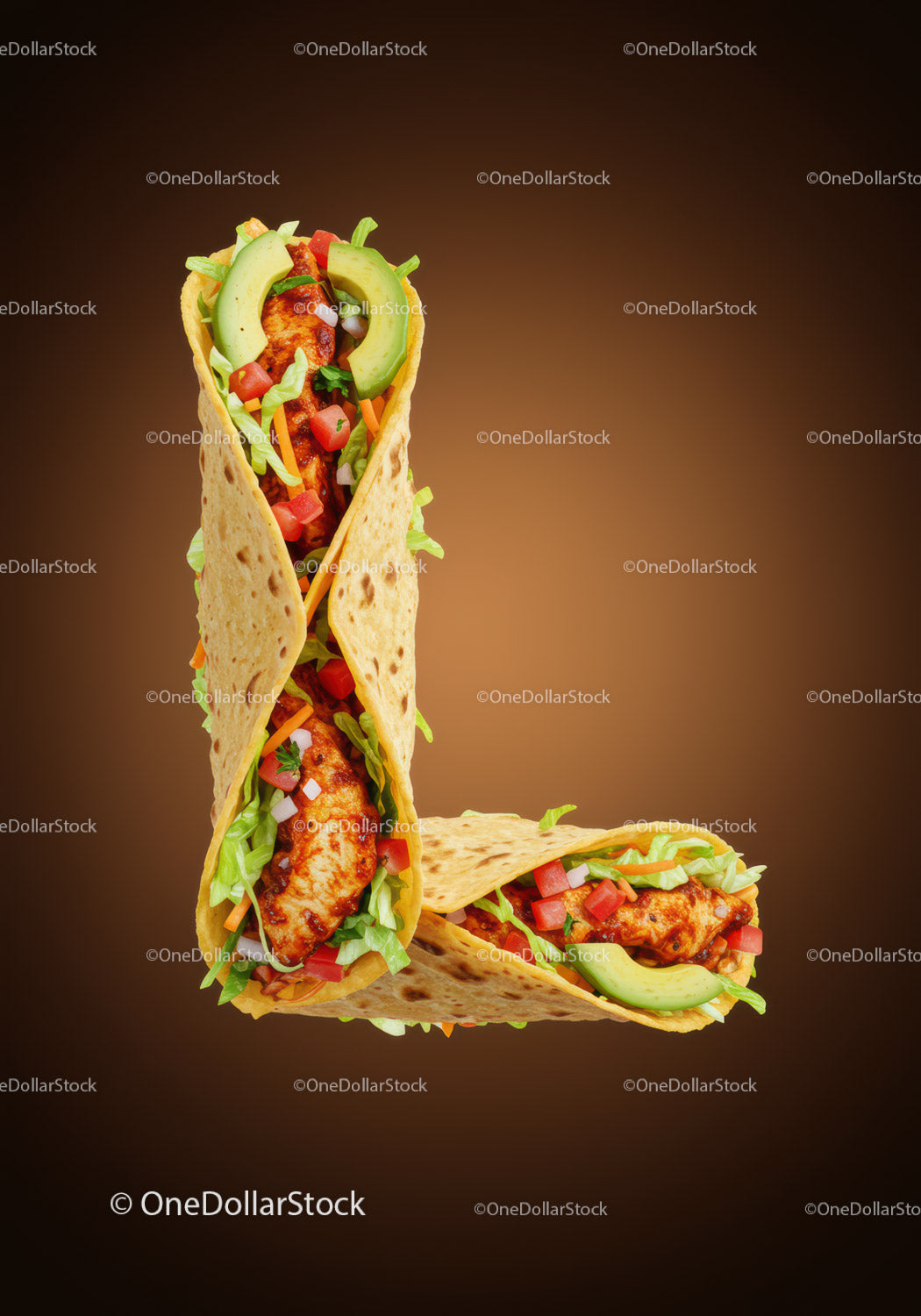 Fresh Chicken Wraps Arranged in Letter L on Brown
