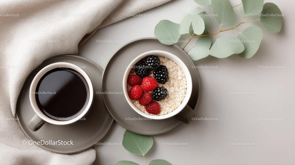 Coffee and Berry Breakfast with Oats in Modern Ceramic Mug