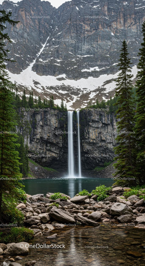 Majestic Mountain Waterfall in a Lush Forest Setting