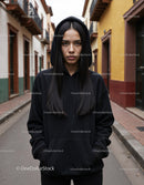 Fashionable Woman Wearing Black Hoodie in Urban City Street