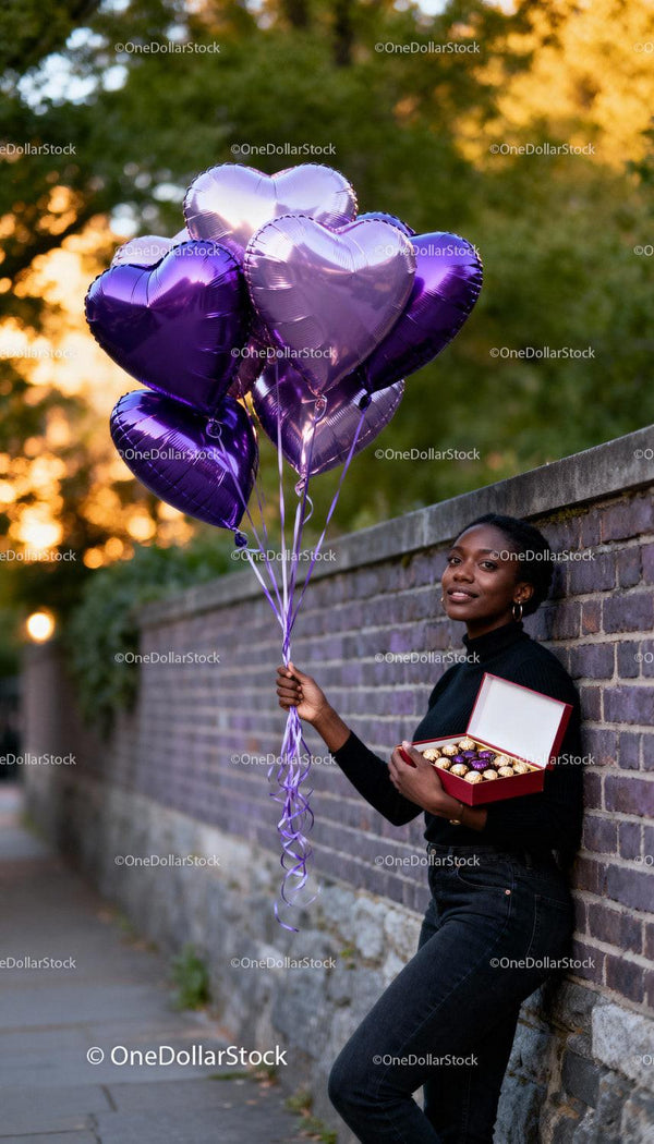 Young woman holding heart balloons and chocolates outdoors