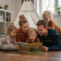Family Enjoying Story Time Together in a Cozy Living Room