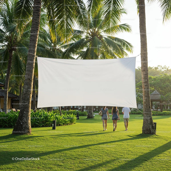 Group walking under blank white screen in tropical park JPG Mockup Image
