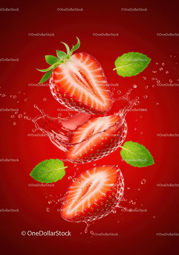 Fresh strawberries with mint leaves splashing in water