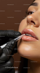 Close-up of Woman Receiving Lip Enhancement with Cosmetic Syringe