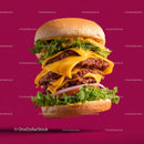 Stacked Cheeseburger with Multiple Beef Patties and Fresh Toppings