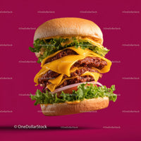 Stacked Cheeseburger with Multiple Beef Patties and Fresh Toppings