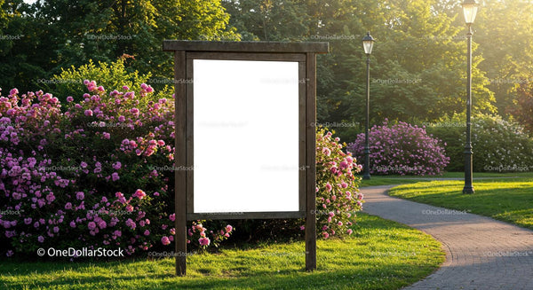 Wooden Information Board in Serene Flower Garden Path JPG Mockup Image