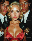 Glamorous Woman in Red Lingerie with Jewelry and Black Gloves
