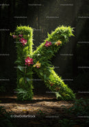Letter K Covered with Lush Greenery and Orchids in Forest